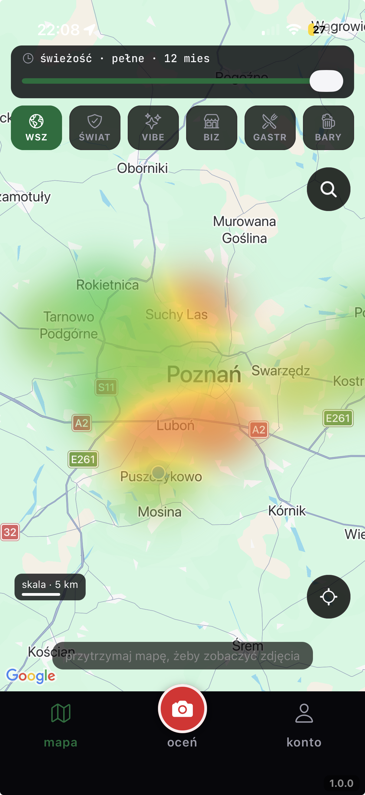 Mapa z żywą heatmapą ocen