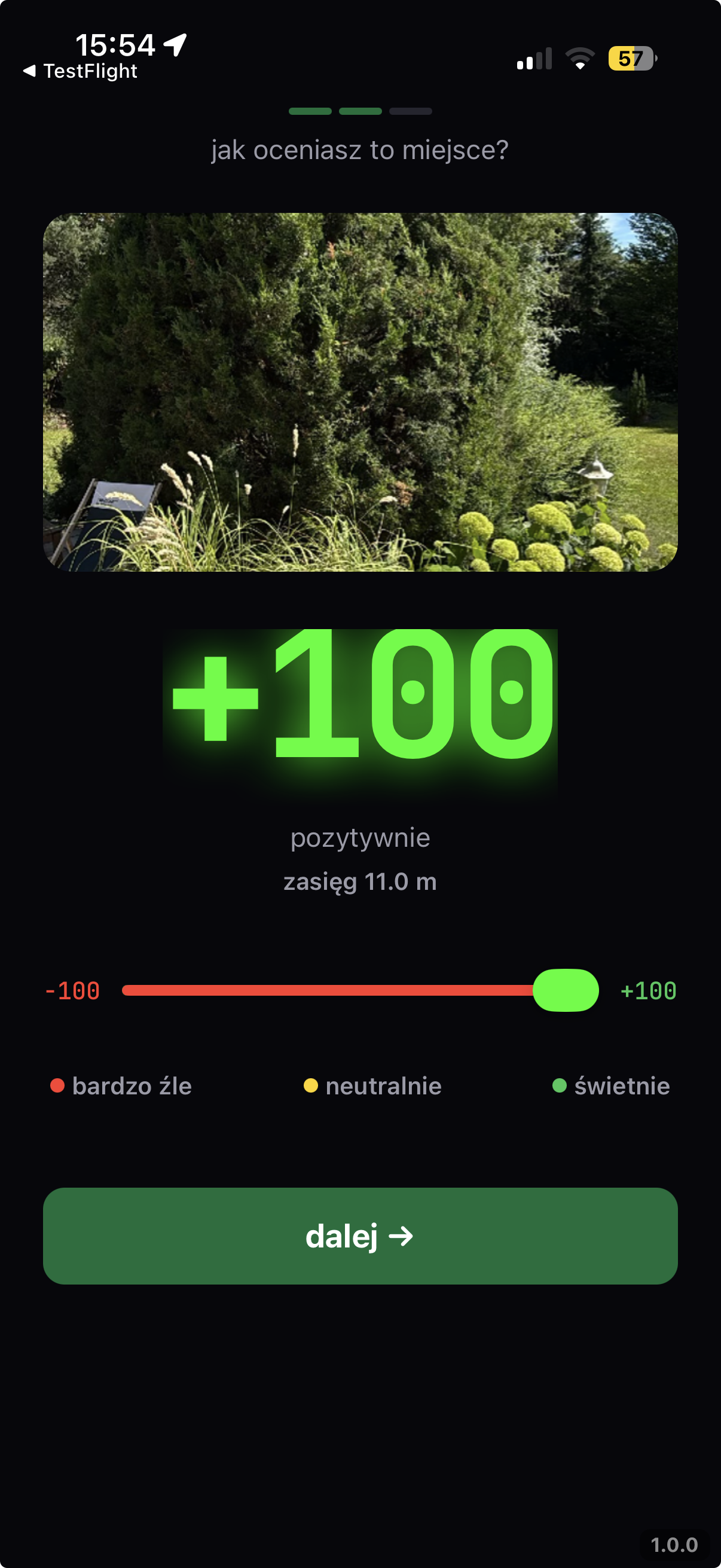 Ekran oceny — suwak od −100 do +100